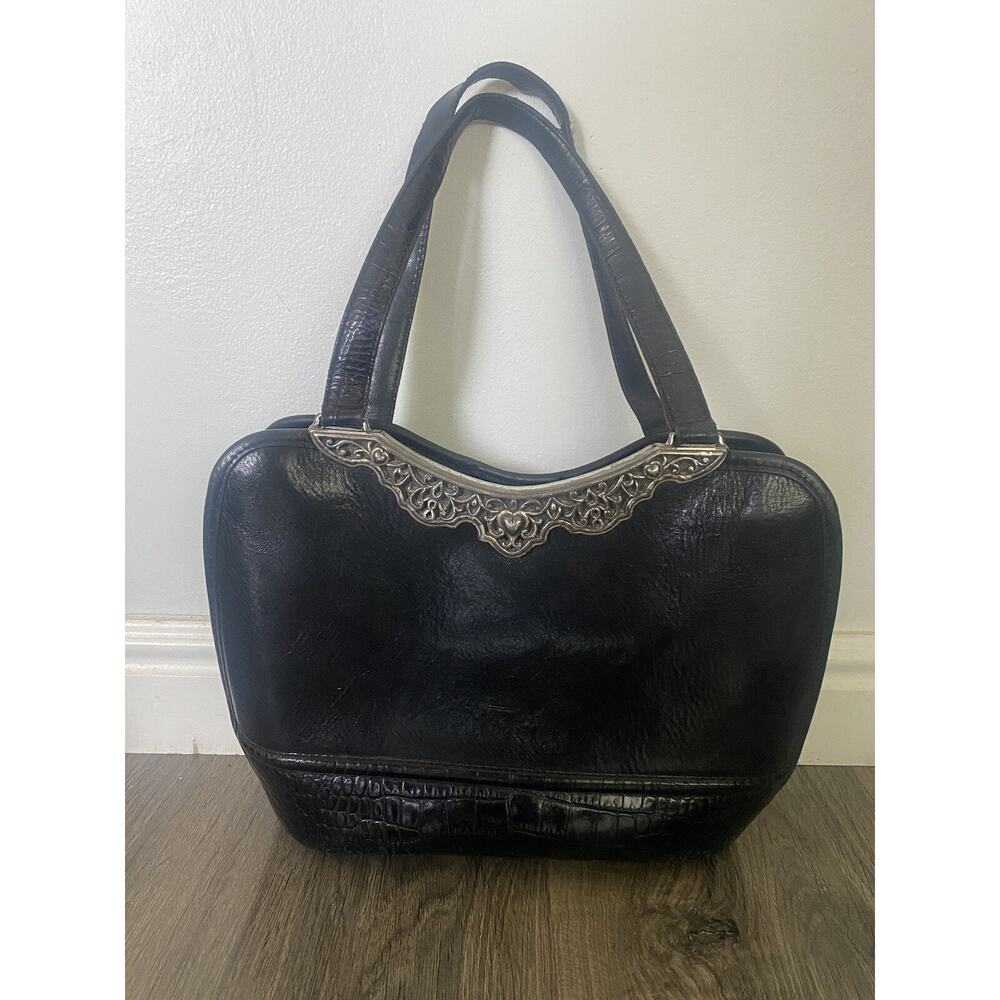 Vintage BRIGHTON Black Structured Leather Handbag Shoulder Bag Medium